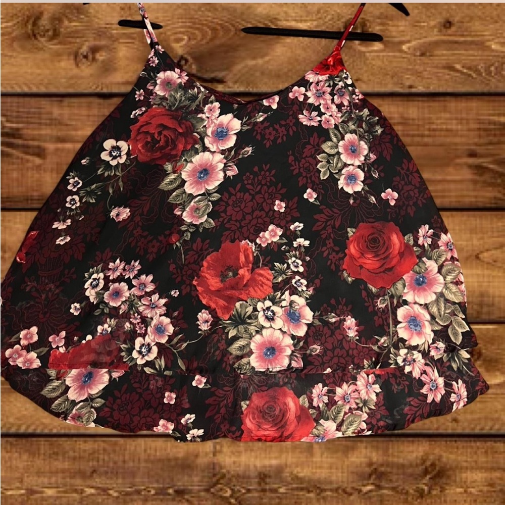 fab'rik Black Top with Pink Floral Detail